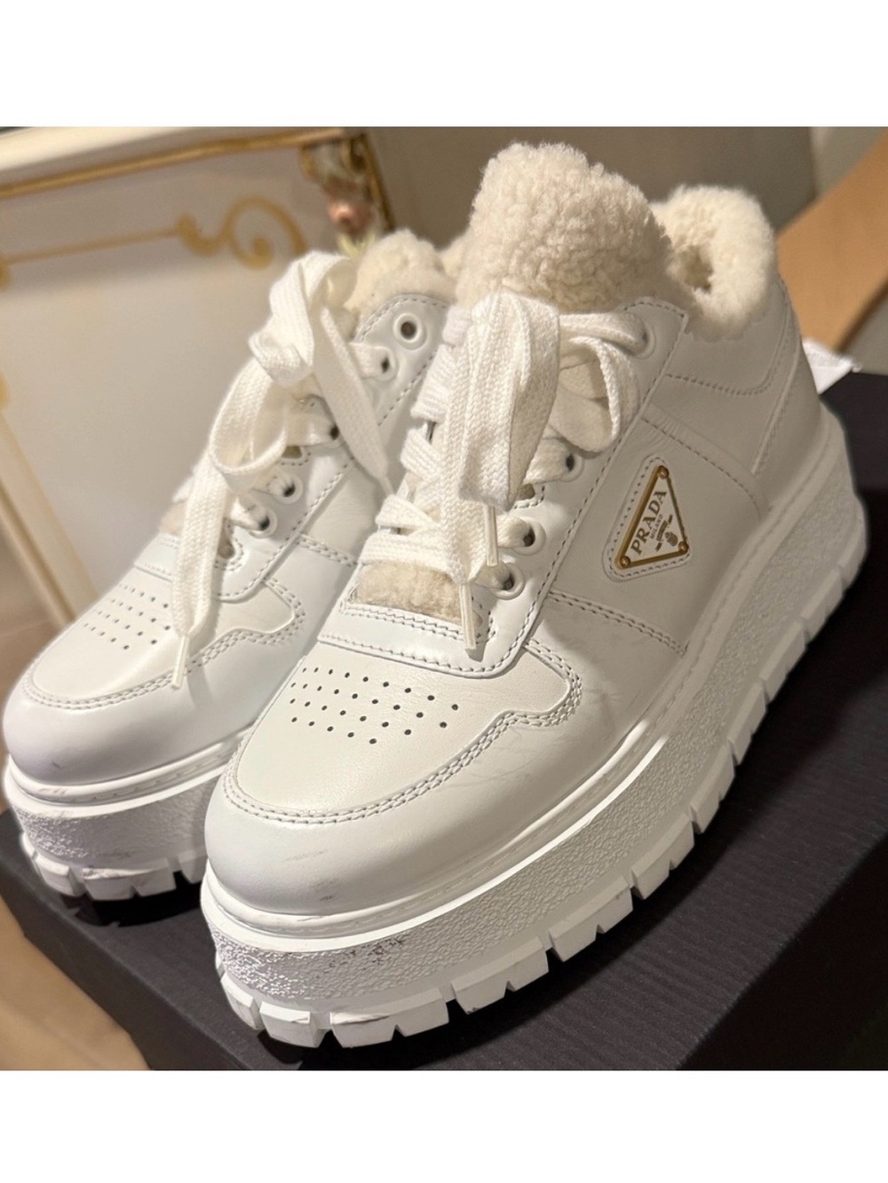 Prada Cream-Trim White Platform Sneakers